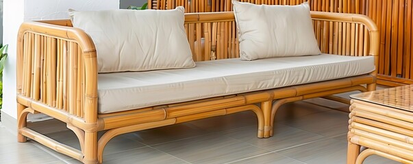 Bamboo outdoor furniture set on a patio, eco-friendly furniture, nature-inspired outdoor living