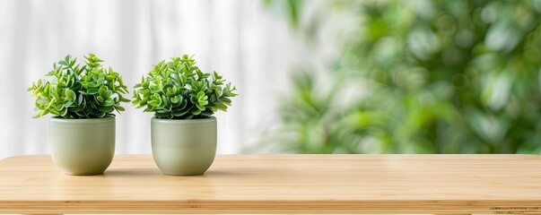 Sleek bamboo coffee table with green plants, eco-friendly furniture, nature-inspired home decor