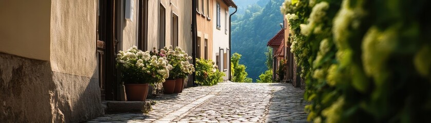 Cobblestone street in a European village with old buildings and greenery.