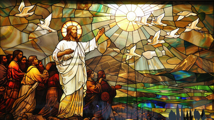 A stained-glass representation of Jesus Christ during the Sermon on the Mount, standing with raised hand, surrounded by followers