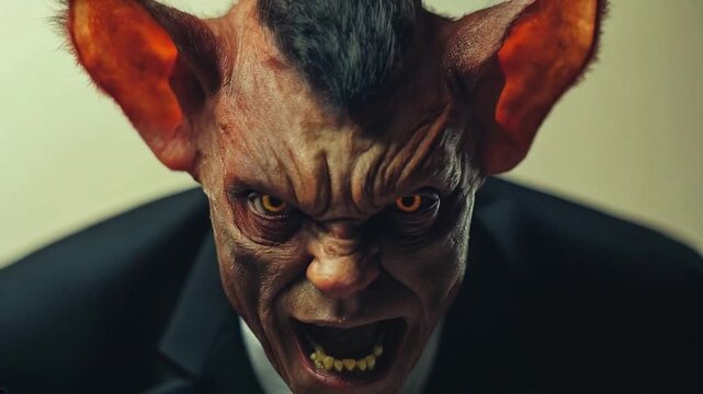 Angry corporate mutant monster roaring. Symbolizing corporate greed.
