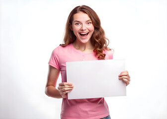Fototapeta premium Mock up of a atractive girl wearing a pink shirt on a white background, holding a blank white cardboard and a joyful expression on her face.