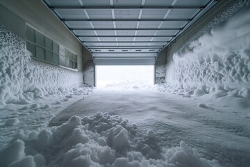 Snow-covered garage door with small window and exterior view of winter landscape with gray and...