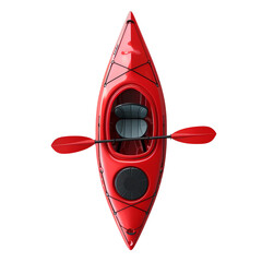 top view of Isolated red kayak with red paddle, water tool equipment on white background