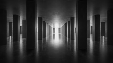 Abstract dark hallway with pillars and a bright light at the end.