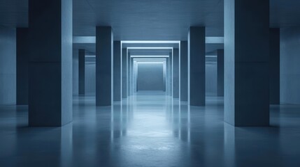 Fototapeta premium Abstract minimalist architecture with blue neon light.