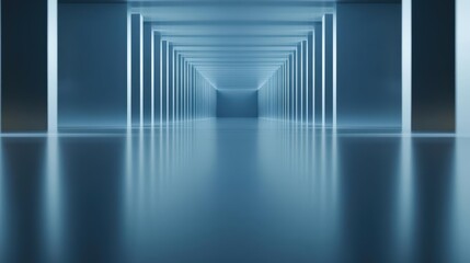 Abstract blue corridor with glowing light at the end, futuristic and modern design.