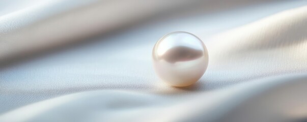 Single, smooth pearl on a white silky fabric.