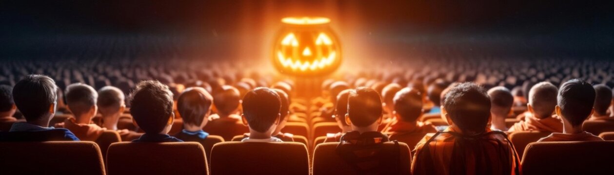 A crowd of people watching a glowing jack-o'-lantern.