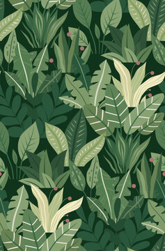 Fototapeta Vector seamless pattern with flat leaves on dark green background. Surface design with plants and bushes for fabrics, wallpaper and wrapping paper