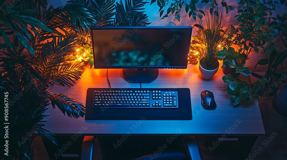 Poster Photo of Desktop with Ergonomic Keyboard and Mouse, Surrounded by Plants and Soft Lighting