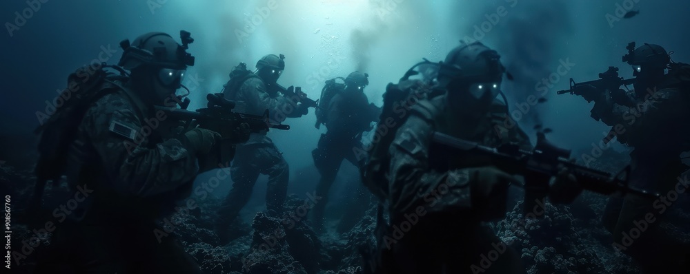 Wall mural underwater military personnel in tactical gear navigate a dim, mysterious underwater environment, pr