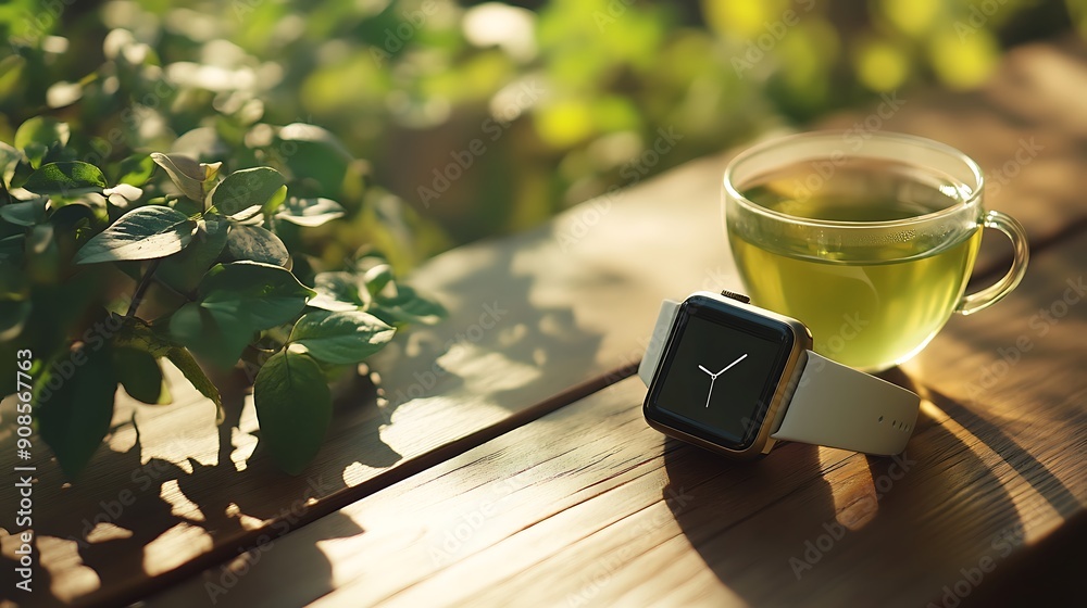 Poster image of smart watch on table with green tea and nature background