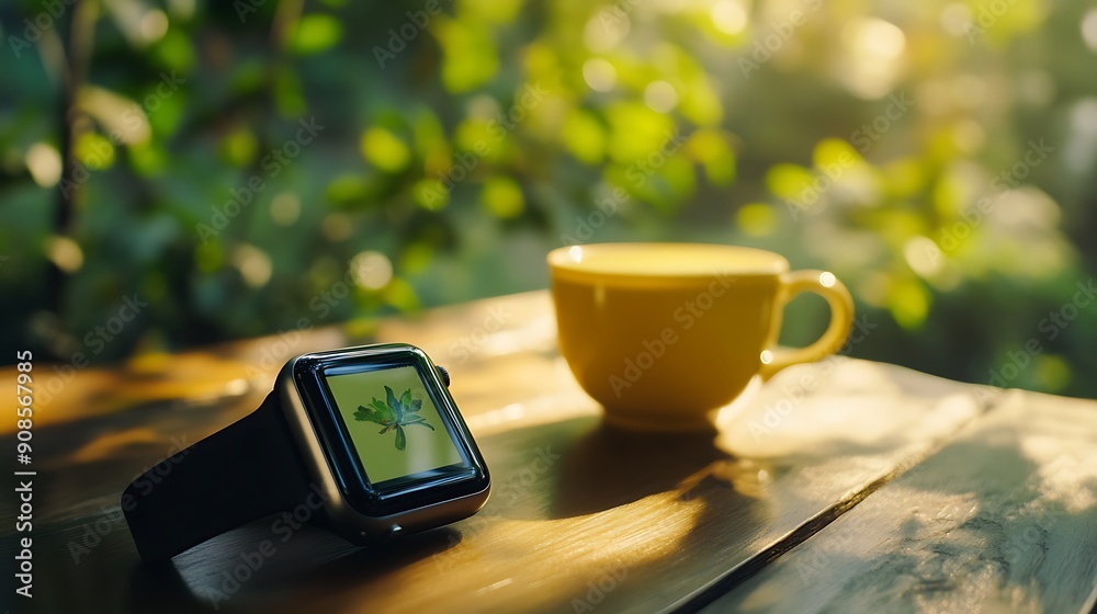 Poster image of smart watch on table with green tea and nature background