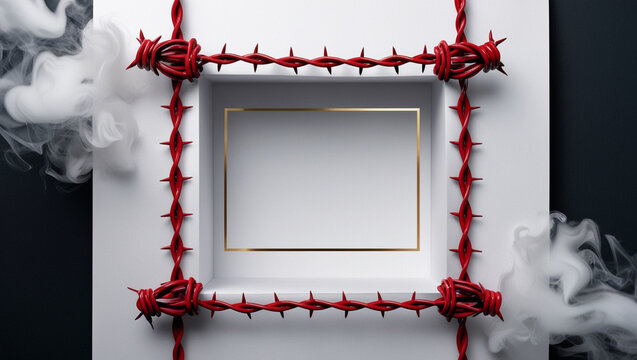 Luxurious White Frames with Edges Wrapped in Red Barbed Wire and Accompanied by White Smoke