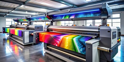 Modern high-tech digital UV printing machine with sleek design and colorful ink cartridges, surrounded by printed materials, displaying vibrant colors and intricate designs.