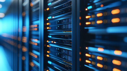 Data Flow in Data Center Storage with Blue and Orange Highlights - Cloud Computing System, Database Infrastructure Room, Cybersecurity Hosting and Support, Black Connection Racks P