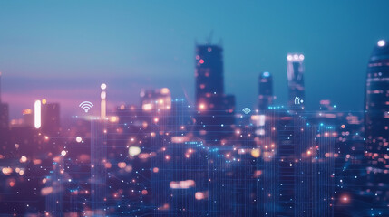 Fototapeta premium Urban Night Cityscape with Digital Icons for Technology and Business - Wireless Internet Communication, Global Data Mesh, WiFi Connectivity Concept Photo