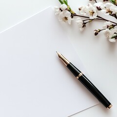 A minimalist workspace featuring a white sheet of paper and a sleek pen, complemented by delicate flowers for a fresh touch.