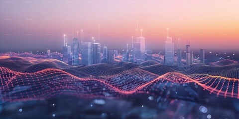 Abstract cityscape with vibrant dot points connecting through gradient lines in intricate wave design. Complex network concept illustrating smart city technology and futuristic innovation.