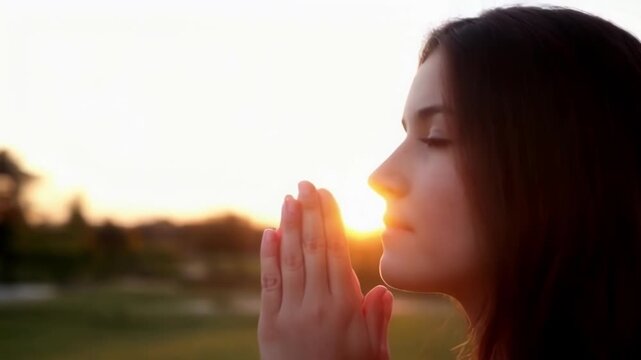 A serene moment of a woman in prayer during sunset, capturing tranquility and introspection in a natural outdoor setting