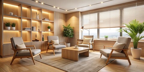 Fototapeta premium Serenely lit, contemporary therapy space features plush armchairs, natural wood accents, and a minimalist desk, exuding warmth and professionalism.