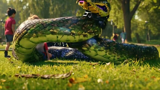 There is an anaconda in the park and the robot is saving the children HD 4K Video Clip