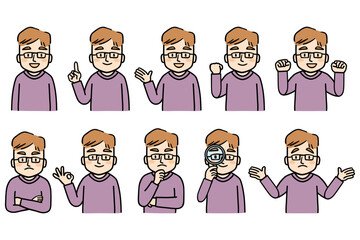 眼鏡をかけた中年男性の上半身ポーズセット