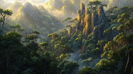 An enchanting view of a mystical mountain surrounded by a dense, ancient forest. The mountain's rugged peaks rise above the canopy, their surfaces adorned with intricate carvings and glowing runes.