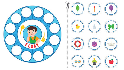 Game for preschool children. We study physical phenomena: floating - drowning. Print template