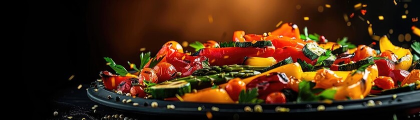 Vibrant assortment of vegetables on a black plate, showcasing colorful peppers and garnish, perfect for healthy meal ideas.