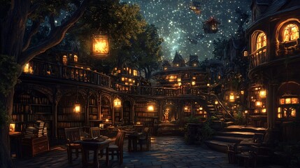 A serene and magical night view of the Floating Library, illuminated by the soft glow of countless lanterns and enchanted lights. The stars twinkle brightly in the clear night sky, and the library