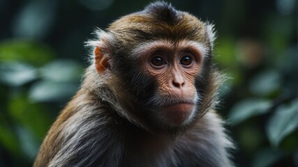 Fototapeta premium A monkey peeking from behind leaves