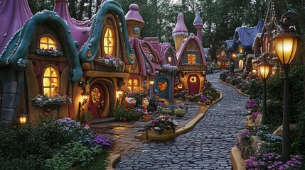 Fototapeta premium An inviting depiction of Candyland's cozy village, where candy houses and gingerbread cottages line the streets. Each house is uniquely decorated with icing and candy accents, creating a charming and