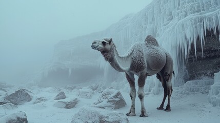 Camel in an icy frozen landscape with snow-covered cliffs and foggy atmosphere highlighting the theme of climate change and adaptation to extreme environments