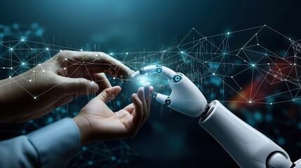 Human hand touches robot finger on a futuristic network connection background. Big data concept in cyberspace. Hands of man and machine connect, merge in digital world.