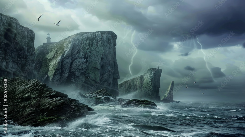 Wall mural A stormy ocean with a lighthouse in the distance