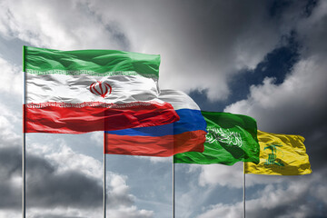 Flags of Iran, Russia, Hamas and Hezbollah above dark sky