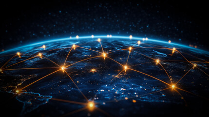 Obraz premium A blue and orange planet with many lines connecting it