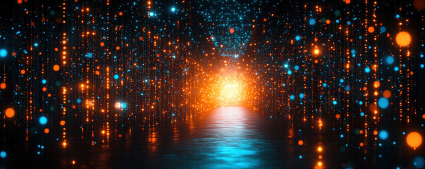 A bright orange light shines through a tunnel of blue lights. The tunnel is filled with a variety of different colored lights, creating a mesmerizing and otherworldly atmosphere