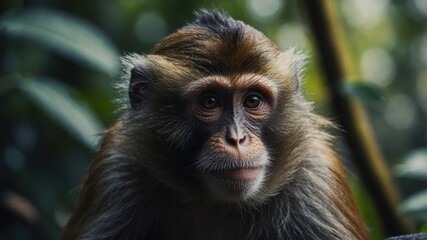 A curious monkey inspecting a strange object on the forest floor
