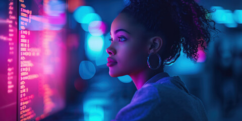 A young woman creating content on her screen. Coding, hacking, content creative.