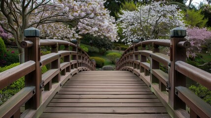 A wooden bridge with a view of a garden with cherry blossoms