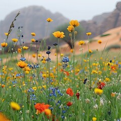 A vibrant field of flowers against towering mountains in the background