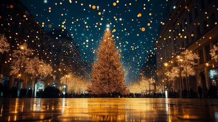 commercial photography, a big christmas tree in a city square, a lot of decoration and christmas light, night,