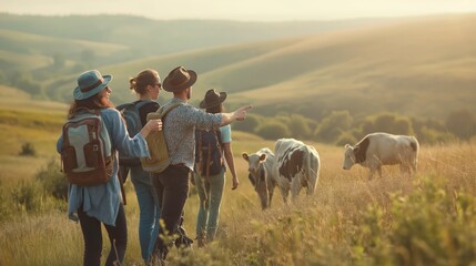 A group of tourists hikes through the countryside. Generative AI