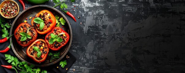 Delicious stuffed bell peppers garnished with herbs, served on a dark background, perfect for healthy meal inspiration.