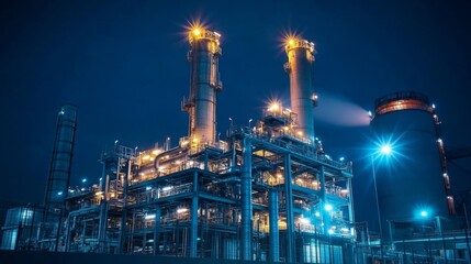 Night View of Illuminated Refinery