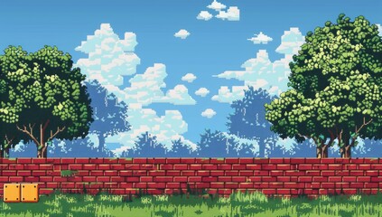 Pixelated Landscape with Brick Wall