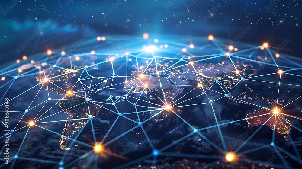 Poster digital illustration depicting a global network with lines connecting nodes representing interconnec